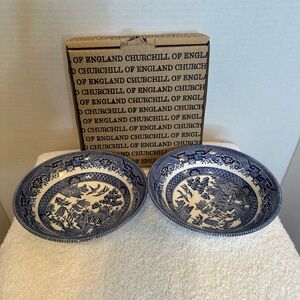 Churchill of England Blue and White Willow Pattern Fruit/ Cereal Bowls Set of 2
